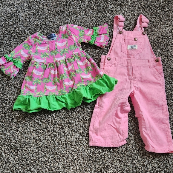 Simply Southern Pink and Green Kids Dress and Oshkosh Bgosh PinkOveralls Set - Picture 1 of 9